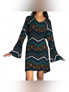 Boho Patterned Tunic Dress W Bell Sleeves by Win Win